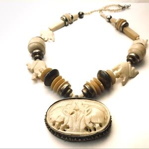 Vintage Carved Faux Ivory Bone Elephant Necklace